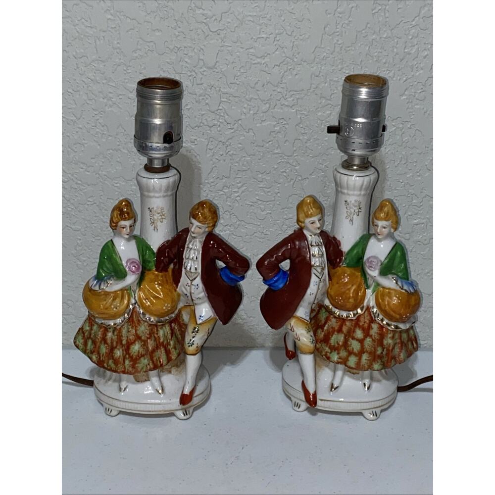 VTG Set Of‎ 2 Made In Occupied Japan Porcelain Lamps Figurines Couples Work READ